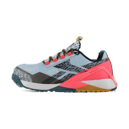 Low-top athletic work shoe with a gray upper, coral heel, black overlays, and bungee laces