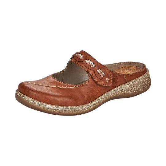 Brown leather closed-toe clog with cutout strap, woven trim, and cork-textured sole