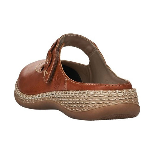 Brown slip-on clog sandal with a woven wedge sole and heel strap