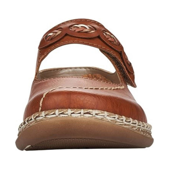 Brown leather closed-toe sandal with woven upper, cutout strap, and stitched trim