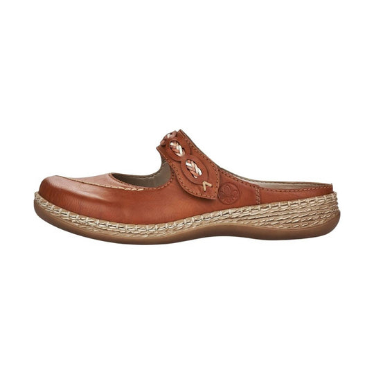 Brown leather closed-toe mule with side cutout, braided trim, and low wedge sole