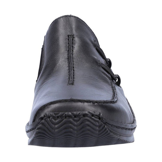 Black leather slip-on clog with moc toe stitching and textured sole, rear view