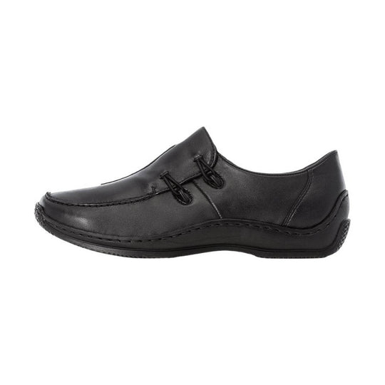 Black slip-on leather shoe with bungee lace detail and low sole, side view