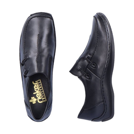 Black leather slip-on loafer with moc toe stitching and side elastic details