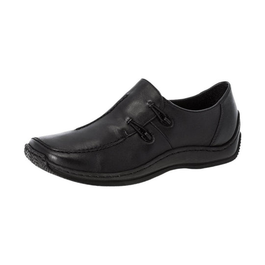 Black leather slip-on shoe with elastic side lacing and stitched toe cap