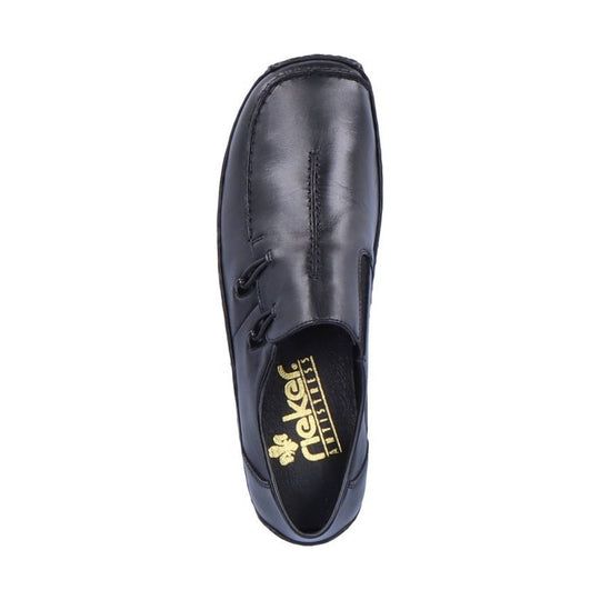 Black leather slip-on loafer with moc toe stitching and elastic side details