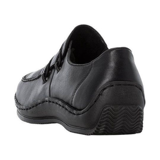 Black lace-up wedge oxford with a textured heel