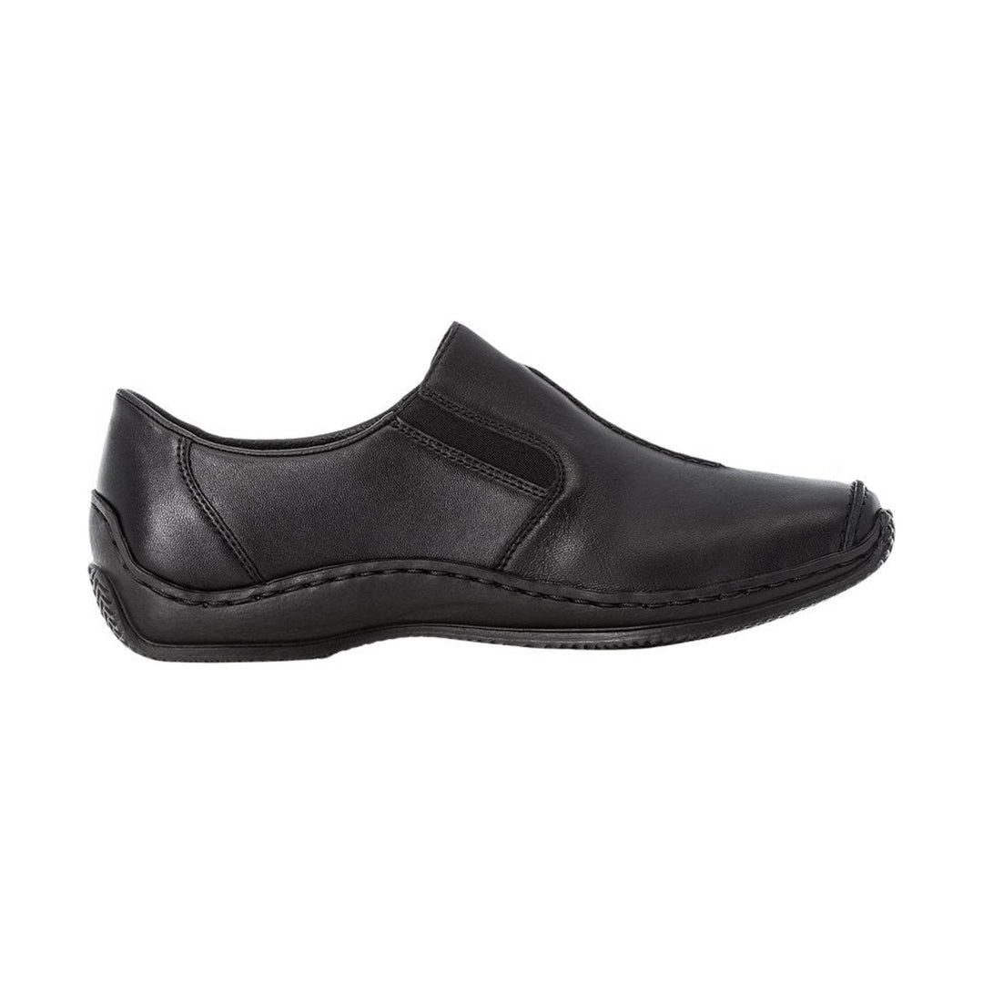 Black slip-on leather loafer with a rounded toe and low rubber sole