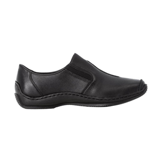 Black slip-on leather loafer with a rounded toe and low rubber sole