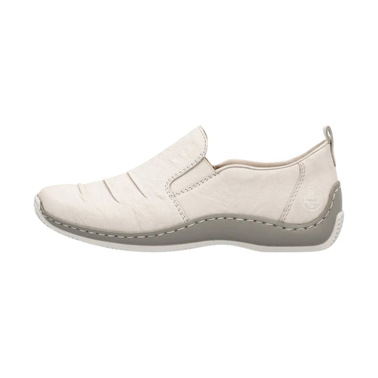 Cream leather slip-on shoe with a stitched gray sole and heel pull tab, shown in side profile