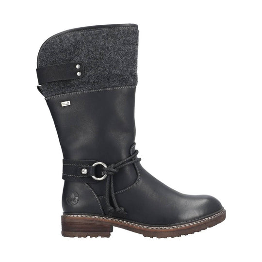 Black mid-calf boot with felt shaft, side buckle strap, and wooden heel