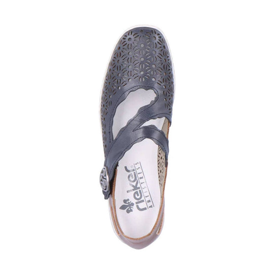 Gray perforated closed-toe slingback sandal with crisscross straps