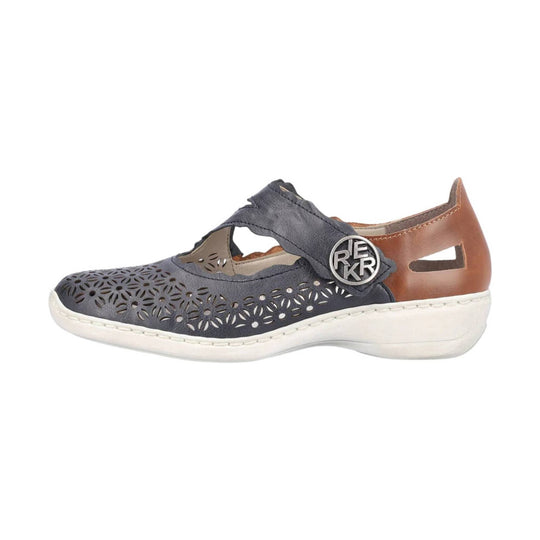 Navy and brown closed-toe sandal with floral cutouts, strap closure, and white sole