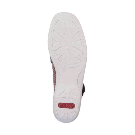 White shoe sole with geometric tread and red rieker logo