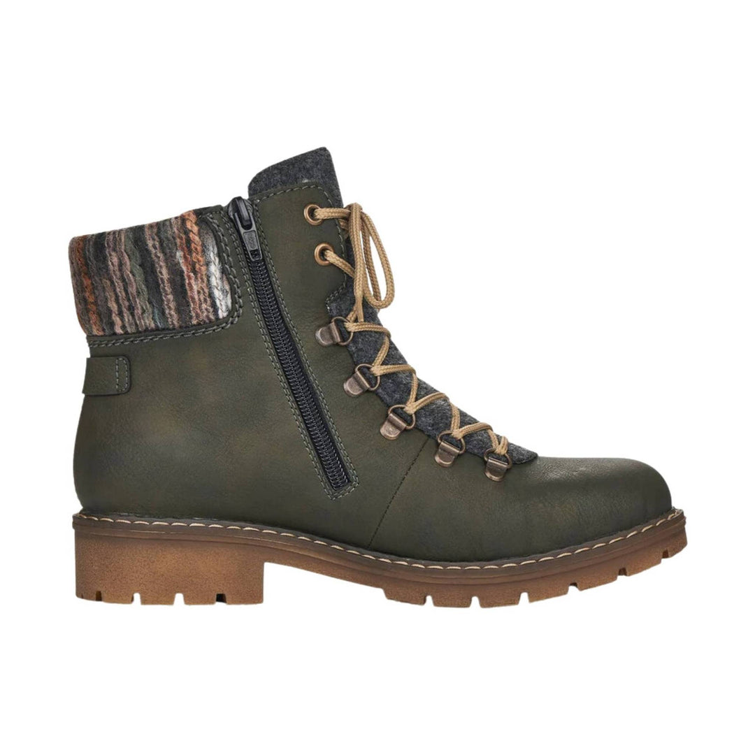 Olive green lace-up ankle boot with side zipper, patterned collar, and tan lug sole