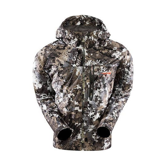 Camouflage hooded zip-front jacket with chest and sleeve pockets