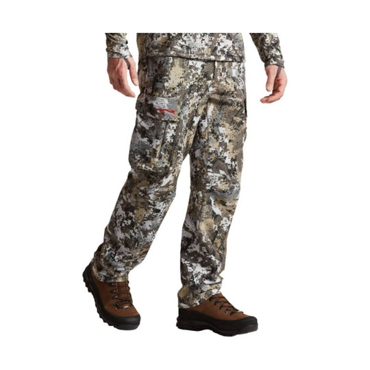 Camo cargo pants with side pocket, shown with brown hiking boots