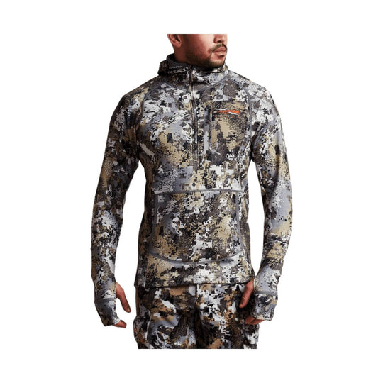 Camouflage hooded quarter-zip pullover with long sleeves and thumb holes