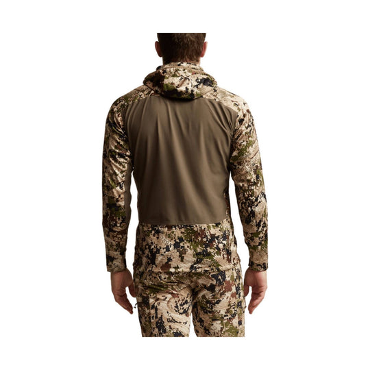 Camouflage long-sleeve hooded jacket shown from the back