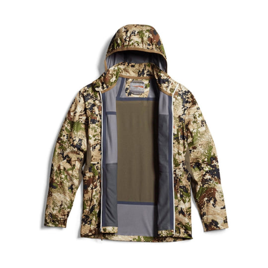 Camouflage hooded jacket shown from the back with an open front, revealing a gray interior lining