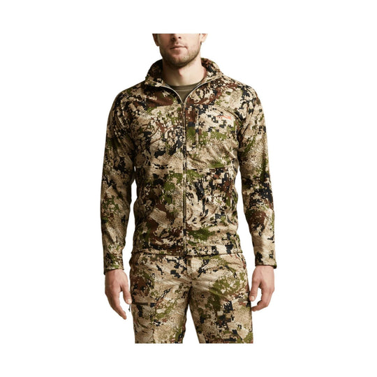 Camouflage zip-up jacket with matching pants on a male model