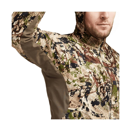 Camo hooded zip jacket with olive side panels and visible GORE-TEX text