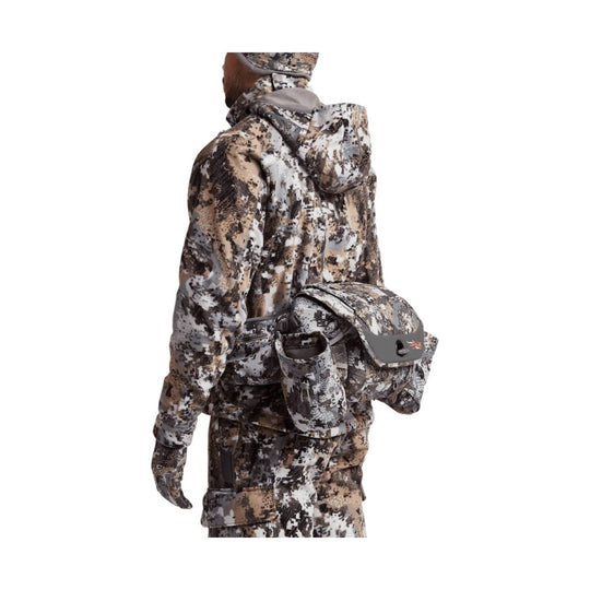 Camouflage hunting tool belt with attached pouch and harness, shown on a model from the back
