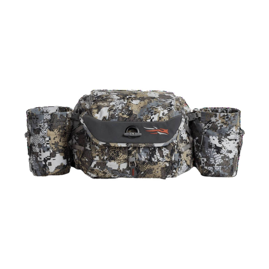 Camouflage waist pack with two side pouches and a front zip pocket