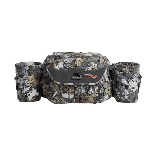 Camouflage waist pack with two side pouches and a front zip pocket