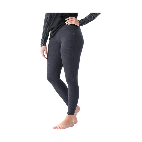 Charcoal heather women’s full-length leggings with a small logo on the thigh