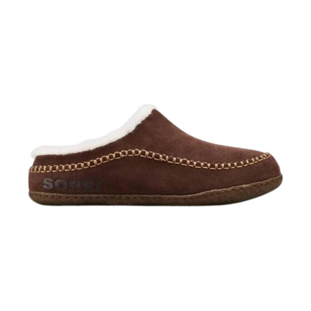 Brown suede slipper with white fleece lining and a stitched moccasin-style sole