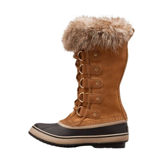 Tan winter boot with faux fur cuff, side buckles, and black rubber sole