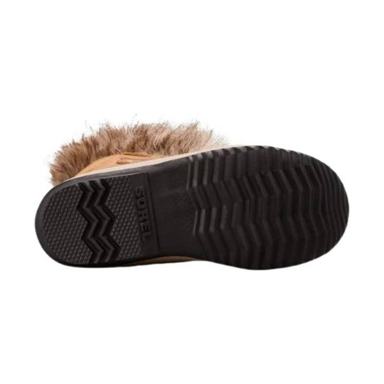 Black treaded sole of a winter boot with tan fur trim and SOREL branding