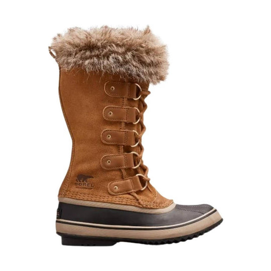 Brown winter boot with faux-fur cuff, lace-up front, side buckle straps, and black rubber sole.