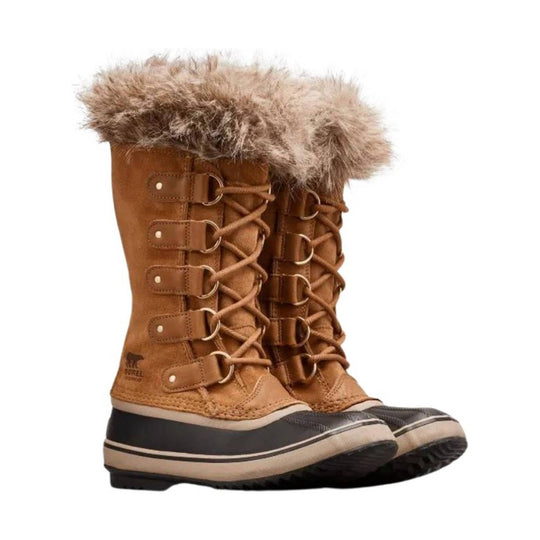 Tan winter boots with faux fur cuffs, lace-up front, and black rubber soles