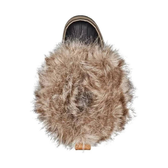 Tan faux fur winter boot with a black front panel and tan sole, shown from above