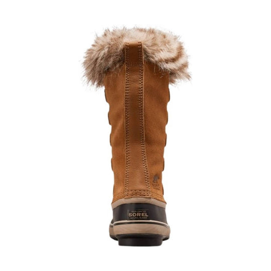 Tall tan winter boot with faux-fur cuff, center back seam, and black rubber sole