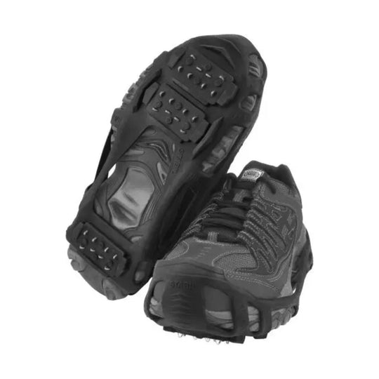 Black trail shoe with aggressive lugged soles, shown from the bottom and side
