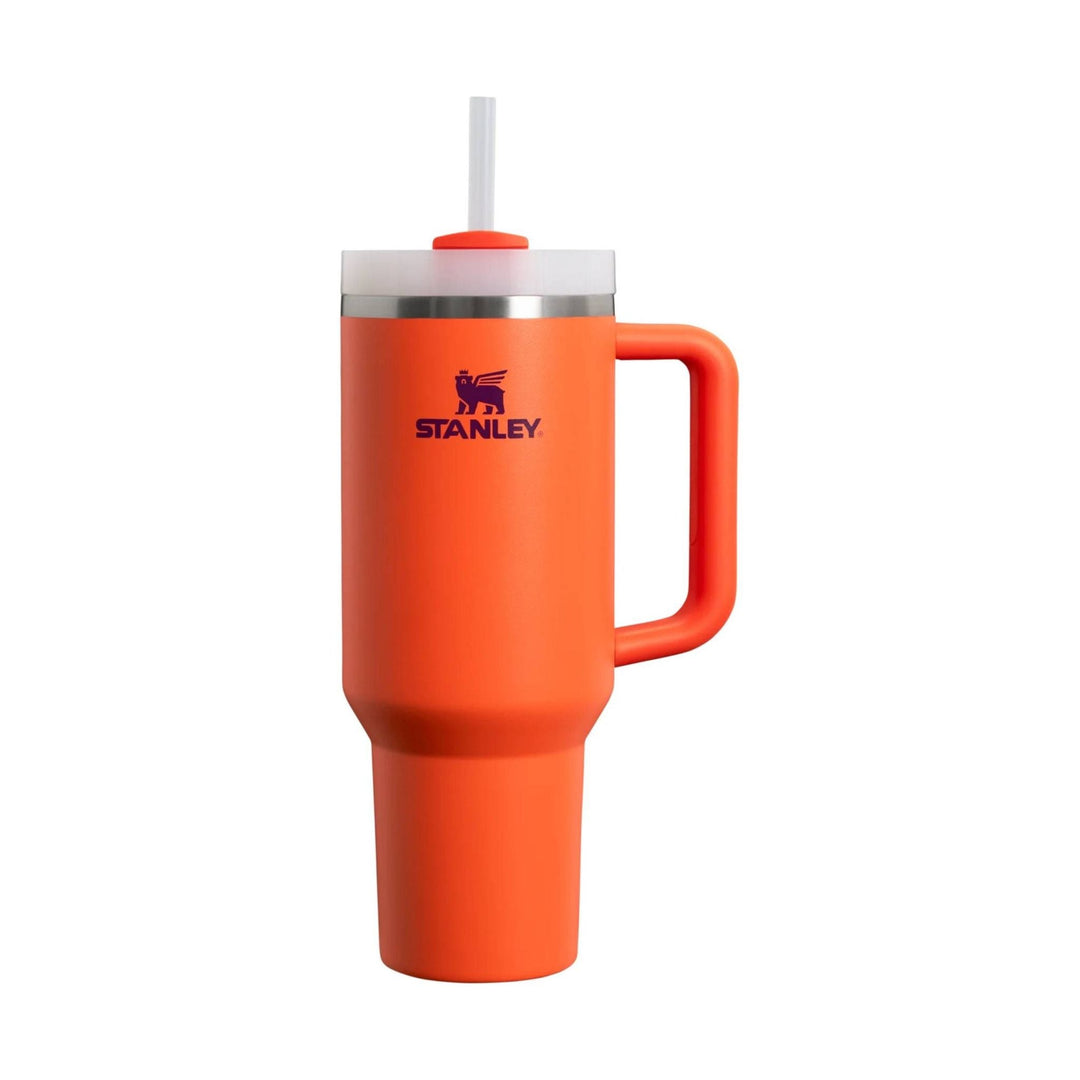 Orange handled tumbler with a clear straw and the STANLEY logo