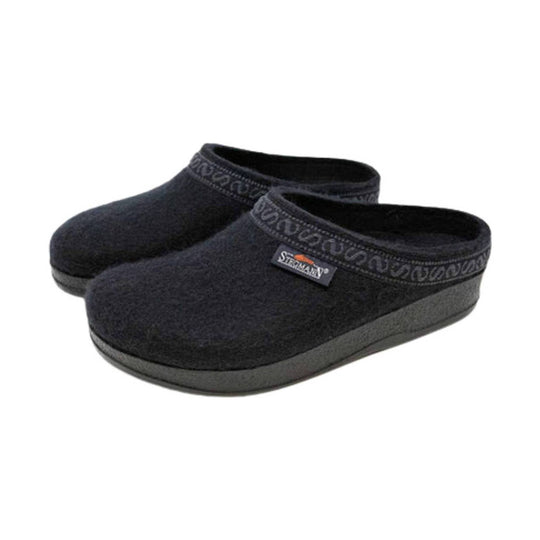Pair of black slip-on clogs with wool upper and thick dark soles