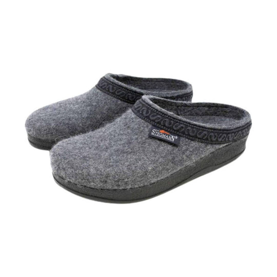 Gray felt slip-on clogs with backless heel and black trim
