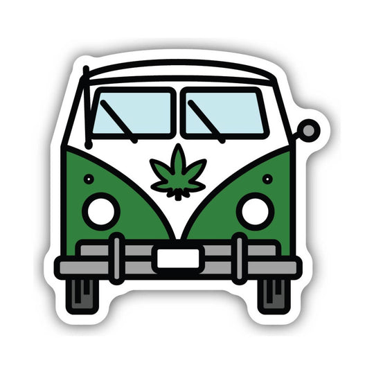 White van sticker with green panels, a cannabis leaf on the front, and light blue windows