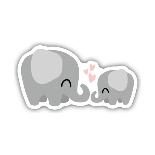 Two gray elephant sticker with pink hearts and a white border