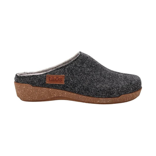 Gray felt slip-on clog with brown cork sole and side logo patch
