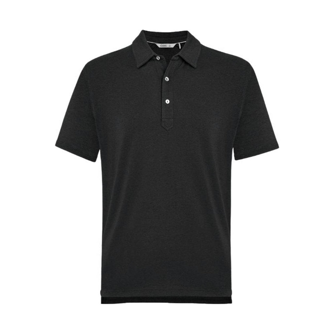 Black short-sleeve polo shirt with collar and three-button placket