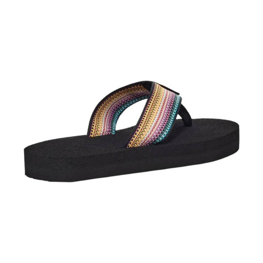 Black flip-flop sandal with multicolored woven straps