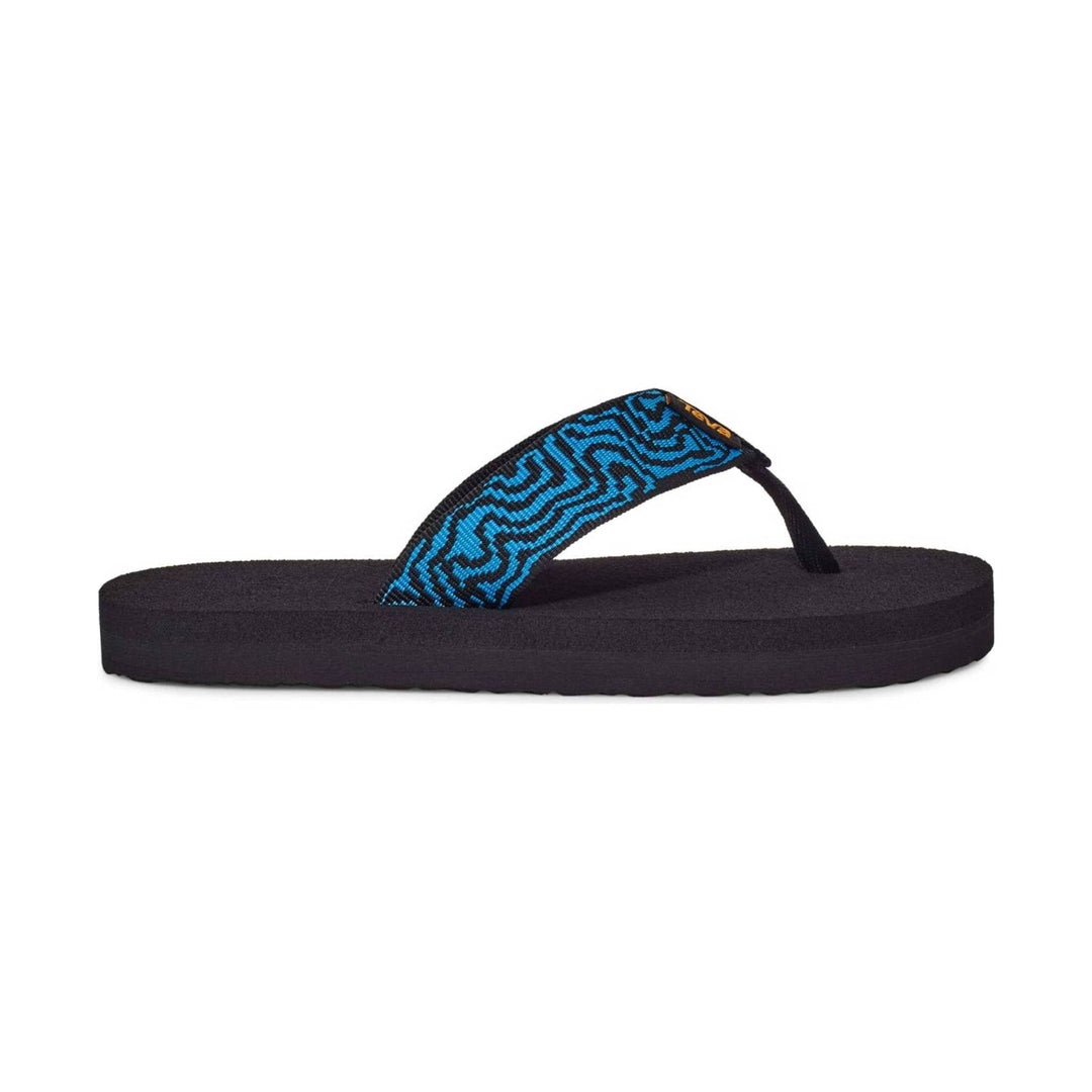 Black flip flop with a blue patterned strap and small logo tag