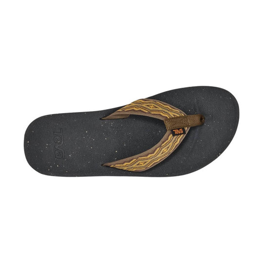 Black flip flop with brown patterned straps and Teva logo