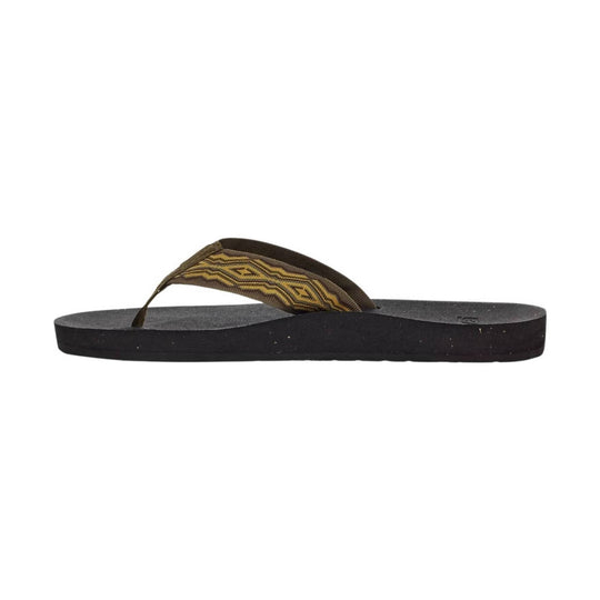 Black flip-flop with a brown and gold patterned fabric strap