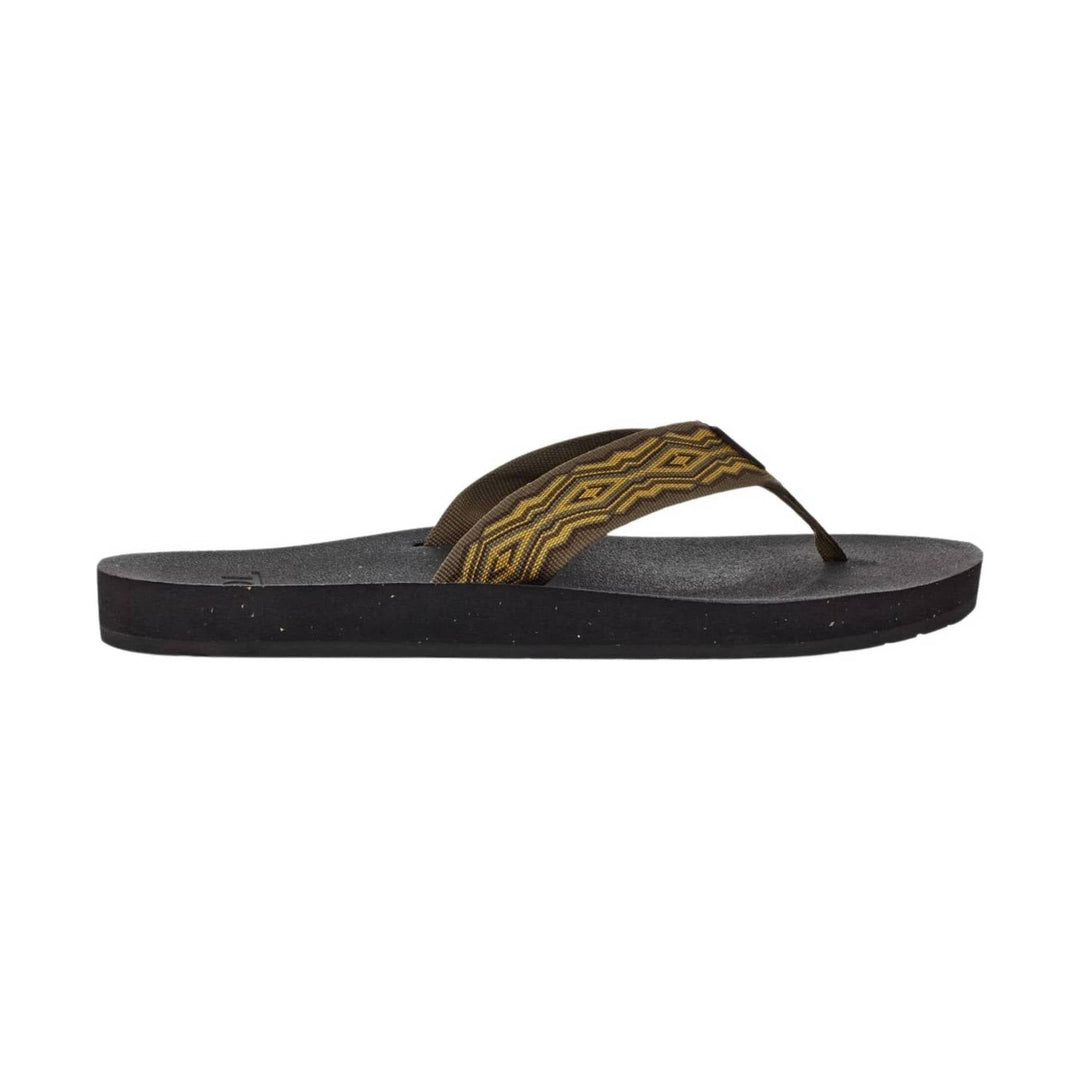 Black flip flop with a patterned brown and gold strap